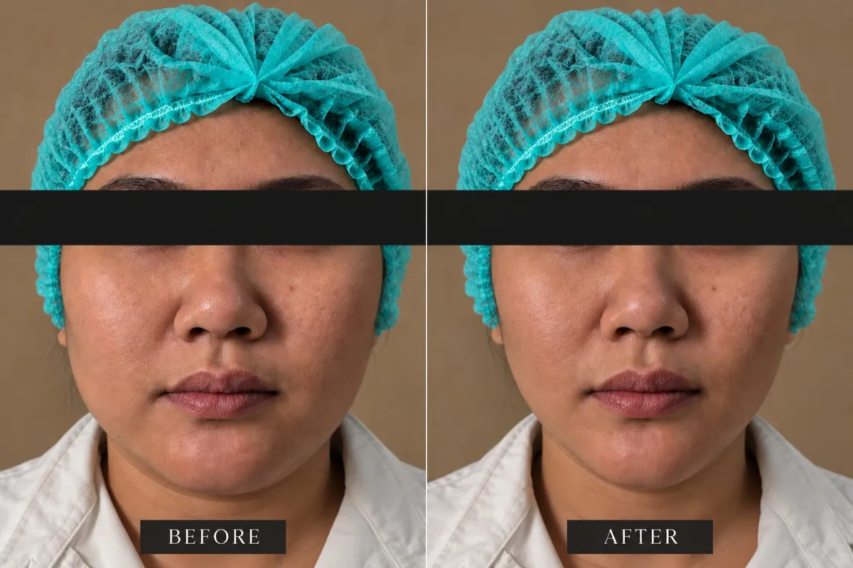 Foto sebelum dan sesudah Buccal fat removal (pengurangan lemak pipi) pada pasien ME Clinic
